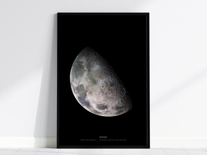 Black framed print of the moon's surface on a white wall