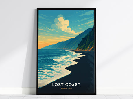 Framed vintage Lost Coast California poster showcasing a serene coastal landscape with blue ocean, green mountains, and sunset hues.