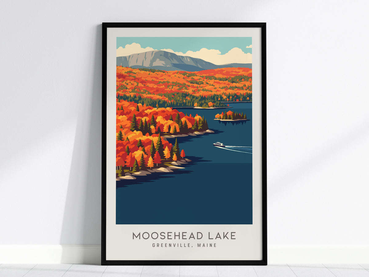 Moosehead Lake Matte Border Poster | Greenville, Maine Destination Print Travel Wall Art — framed wall art, 24x36 in