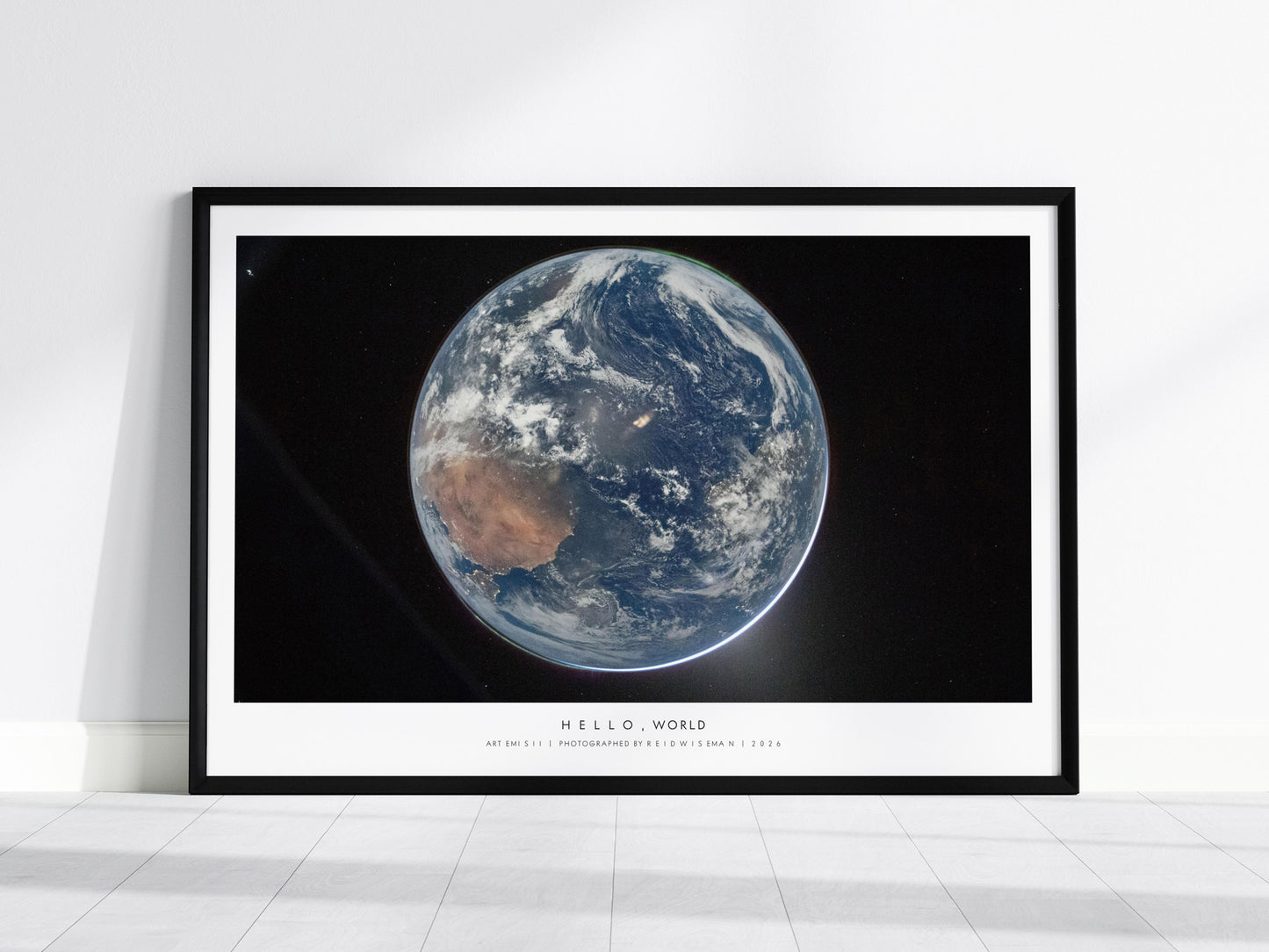 Hello, World Landscape Poster | NASA Artemis II Space Photography Wall Art — framed wall art, 24x36 in