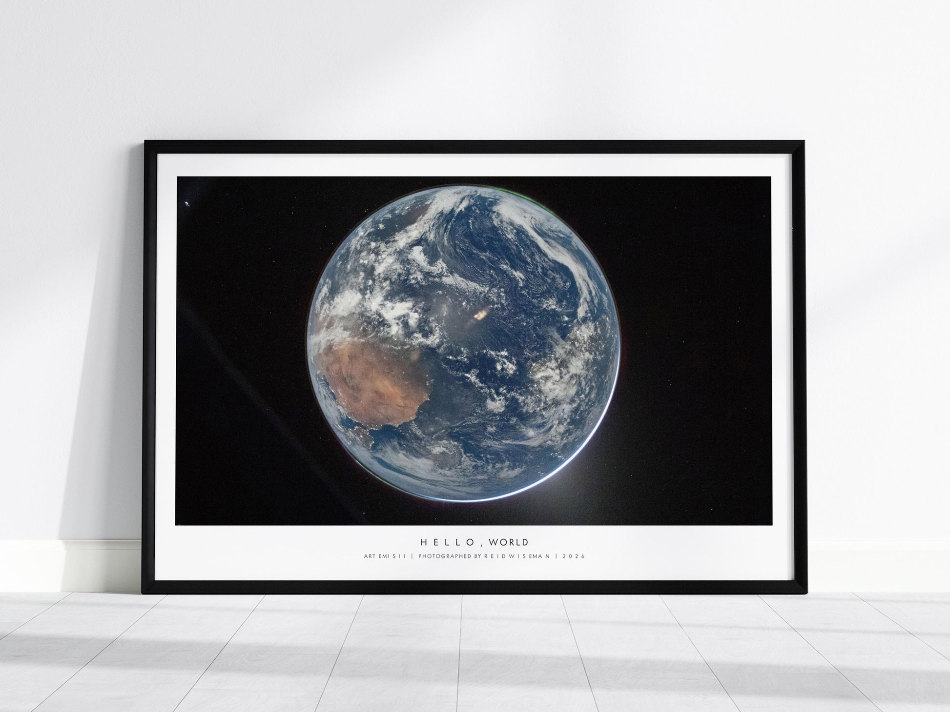 Hello, World Landscape Poster | NASA Artemis II Space Photography Wall Art — framed wall art, 24x36 in