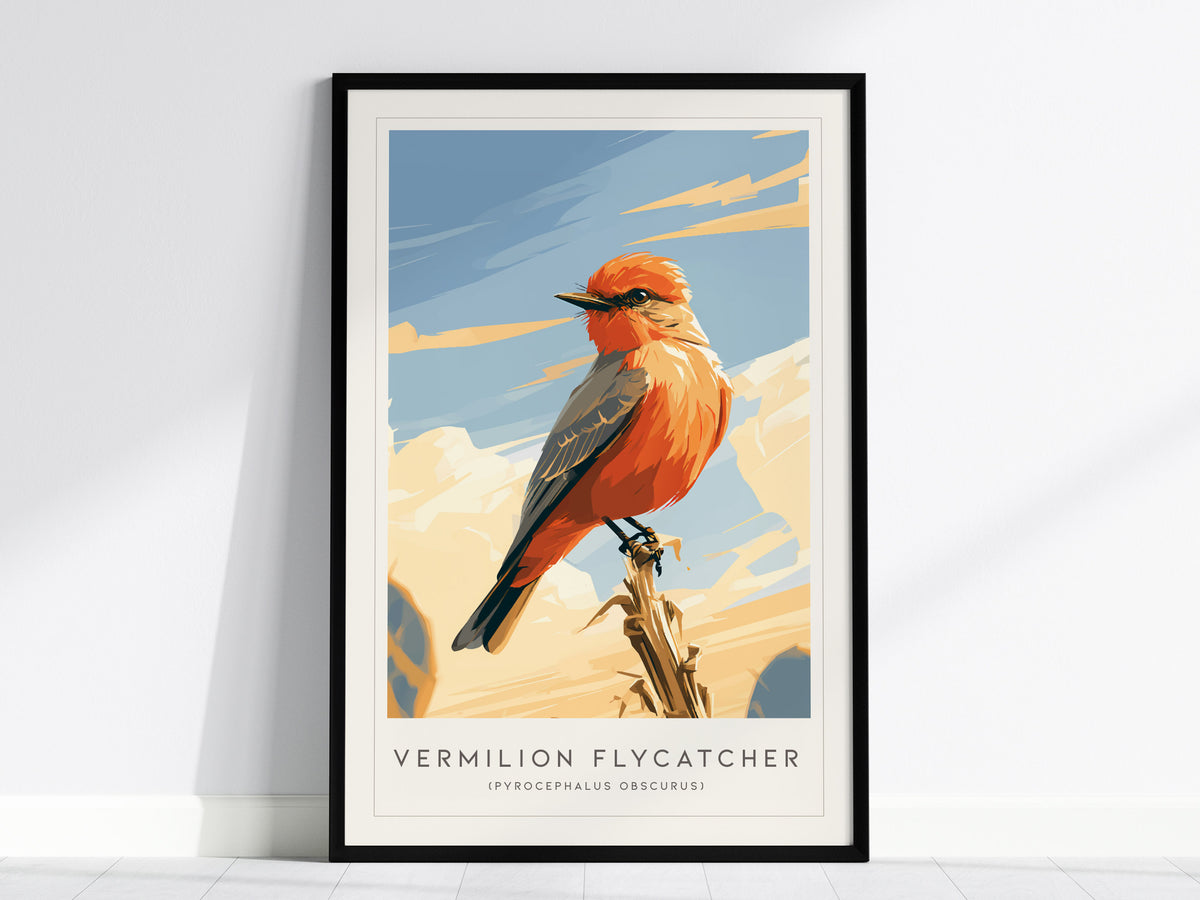 Vermilion Flycatcher, Pyrocephalus obscurus Poster | Brilliant Songbird Nature Poster Wall Art — framed wall art, 24x36 in