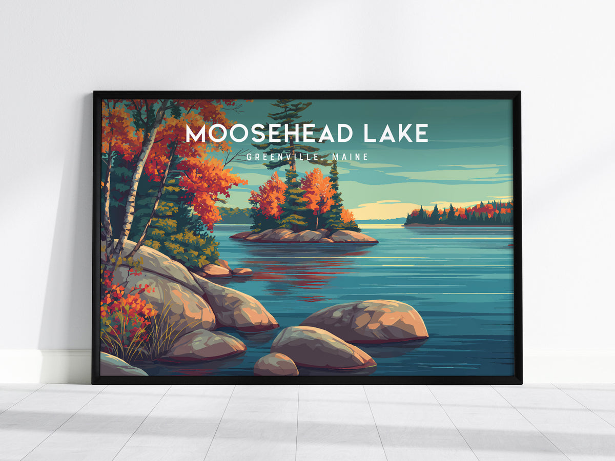 Moosehead Lake Landscape Poster | Greenville, Maine Travel Gift Lakeside Wall Art — framed wall art, 24x36 in