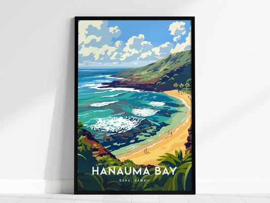 Hanauma Bay Framed Poster, Oahu Snorkeling Beach Wall Art, Hawaii Diving Travel Print, Hawaiian Tropical Home Decor