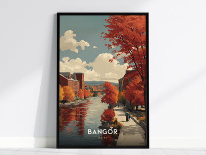 Framed Bangor Maine art print showcasing a vibrant autumn river scene with trees, historic buildings, and two walkers, perfect travel art.