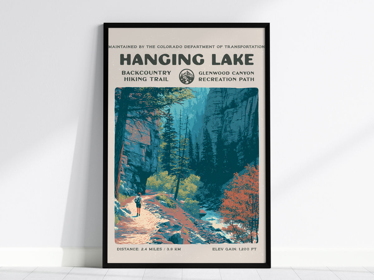 Hanging Lake, Glenwood Canyon Poster | Hiker Gift | Backcountry Trail Wall Art — framed wall art, 24x36 in
