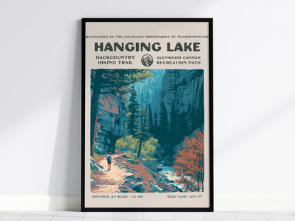 Hanging Lake, Glenwood Canyon Poster | Hiker Gift | Backcountry Trail Wall Art — framed wall art, 24x36 in