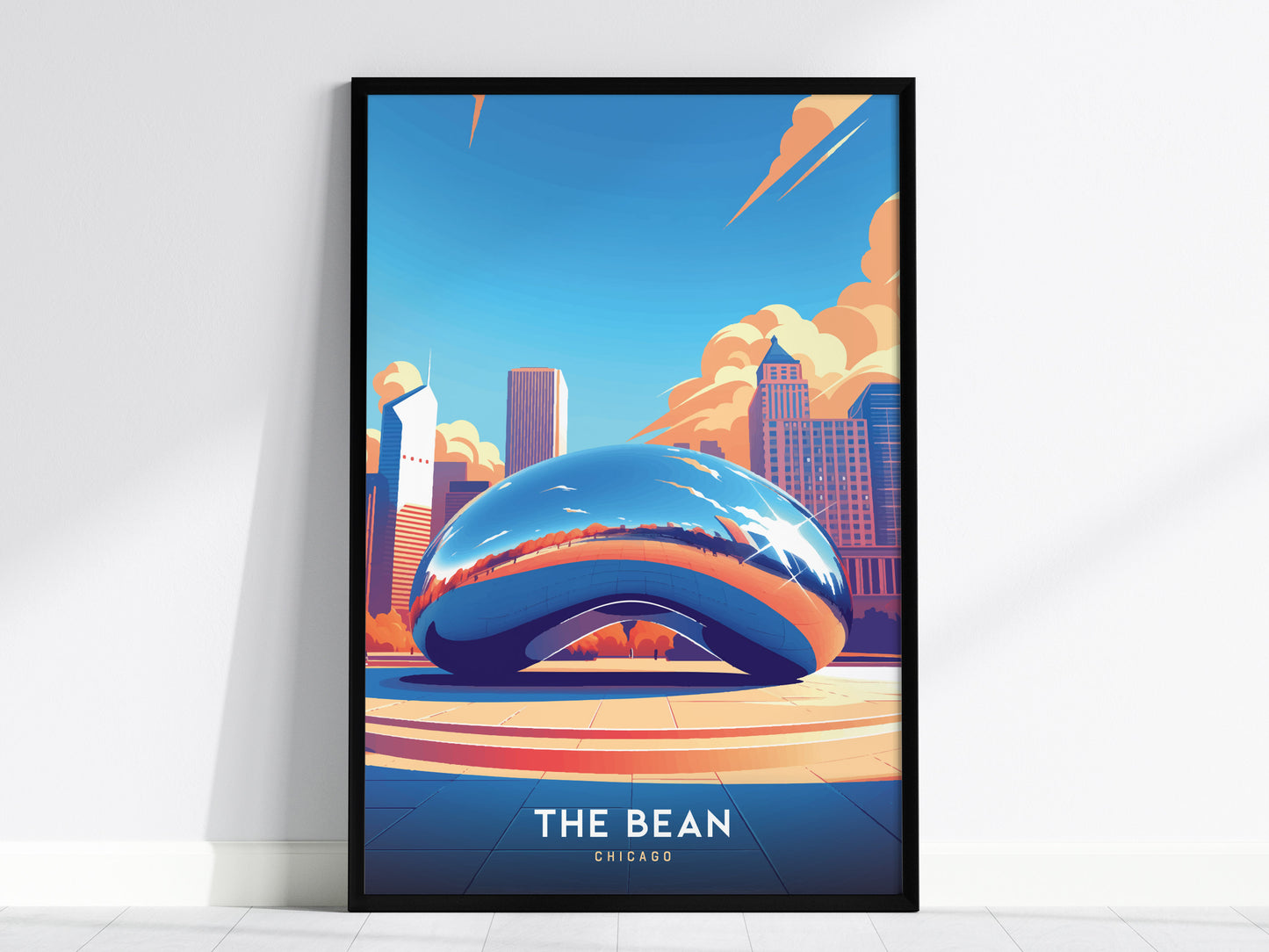 Framed poster featuring a stylized illustration of Chicagos Cloud Gate sculpture, reflecting the city skyline under a vibrant blue sky with clouds. Text reads The Bean Chicago.