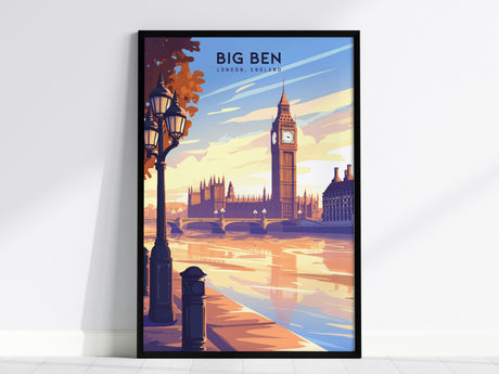 A framed poster of Big Ben in London, England, features the iconic clock tower and Westminster Bridge. The artwork uses warm colors and clean lines, with the scene reflected in the River Thames under a vibrant sky.