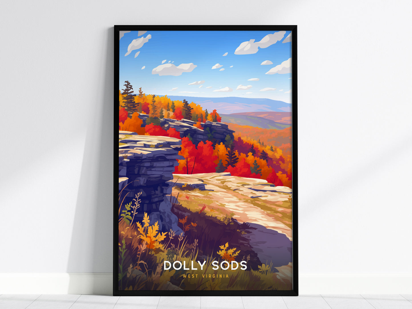 Framed Dolly Sods autumn landscape travel print featuring vibrant reds, oranges, and yellows over rocky cliffs and rolling hills.