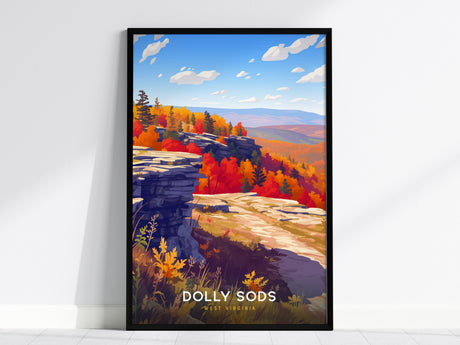 Framed Dolly Sods autumn landscape travel print featuring vibrant reds, oranges, and yellows over rocky cliffs and rolling hills.