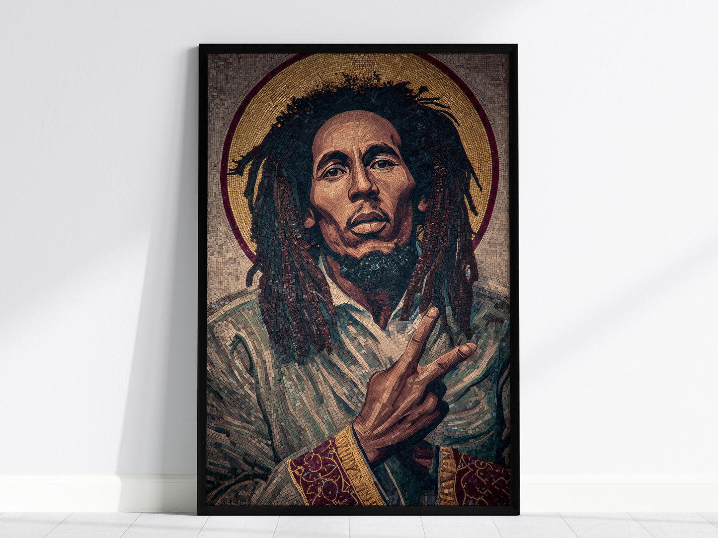 Byzantine mosaic portrait art of Bob Marley in earthy tones, framed in black, embodying peace with a serene expression and "peace" sign.