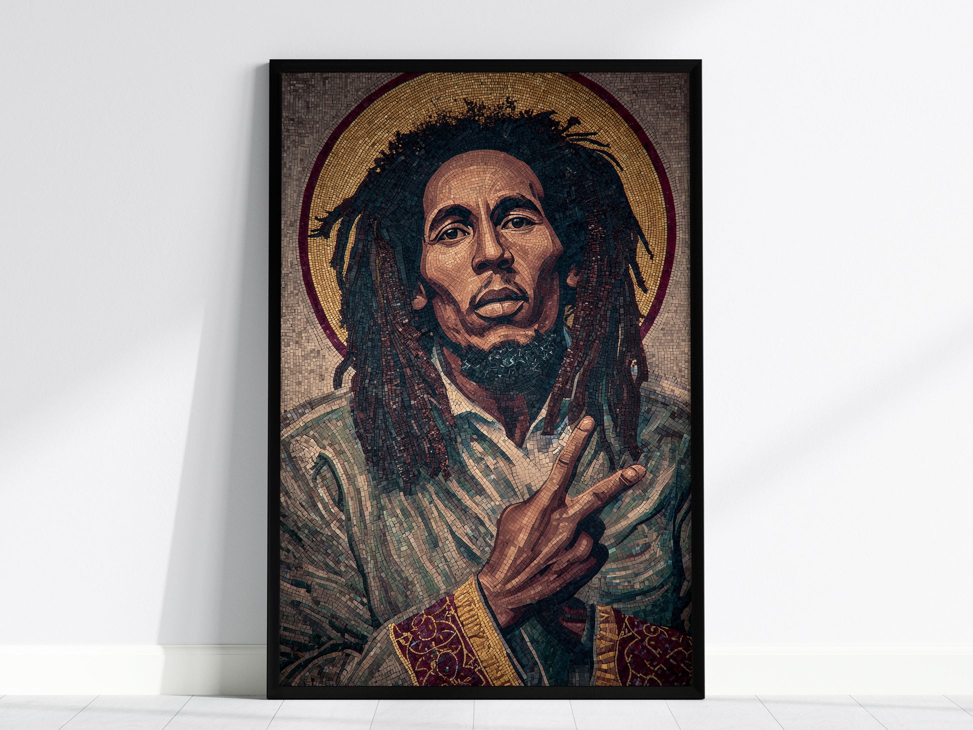 Byzantine mosaic portrait art of Bob Marley in earthy tones, framed in black, embodying peace with a serene expression and "peace" sign.