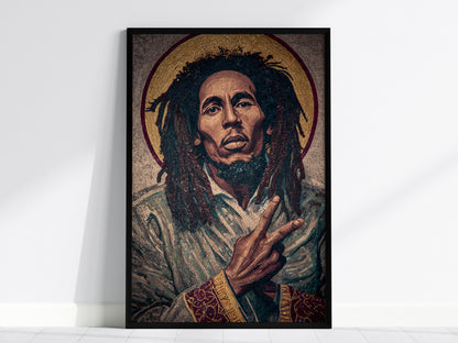 Byzantine mosaic portrait art of Bob Marley in earthy tones, framed in black, embodying peace with a serene expression and "peace" sign.