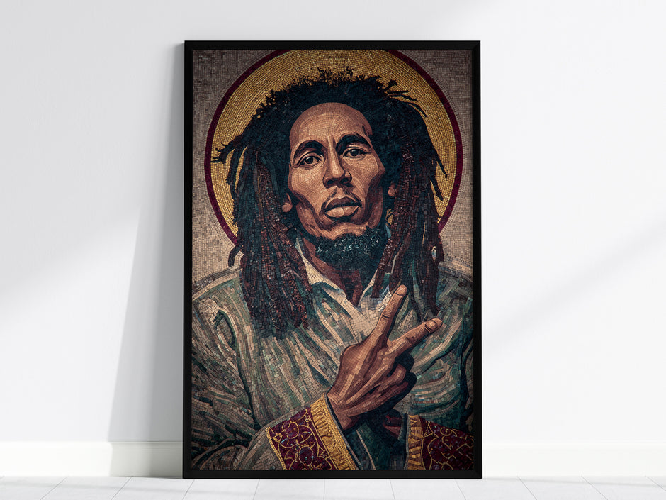 Byzantine mosaic portrait art of Bob Marley in earthy tones, framed in black, embodying peace with a serene expression and "peace" sign.
