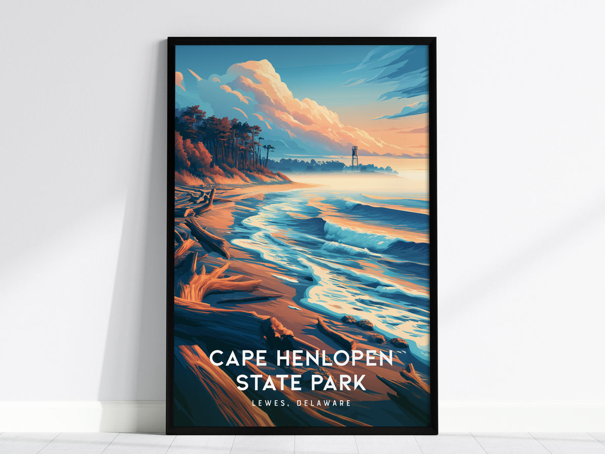 Cape Henlopen State Park, Lewes, Delaware Poster | Dunes & Lighthouse Coastal Beach Decor — framed wall art, 24x36 in