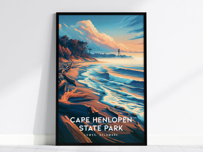 Cape Henlopen State Park, Lewes, Delaware Poster | Dunes & Lighthouse Coastal Beach Decor — framed wall art, 24x36 in