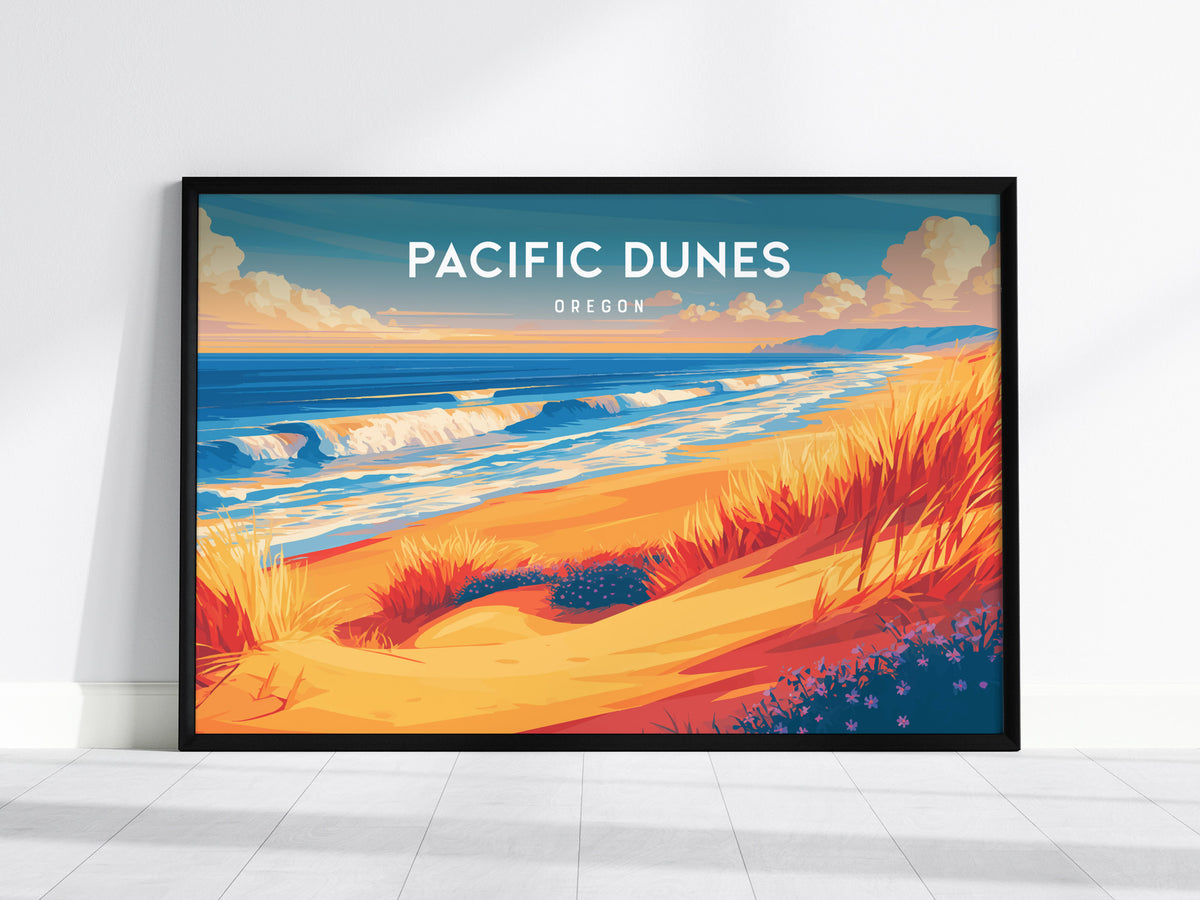 Pacific Dunes, Oregon Landscape Poster | Windswept Dunes Travel Wall Art — framed wall art, 24x36 in