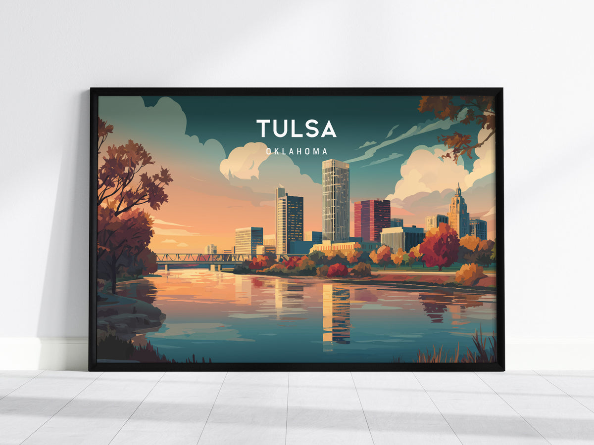 Tulsa, Oklahoma Landscape Poster | Golden Driller & Downtown Vacation Wall Art — framed wall art, 24x36 in