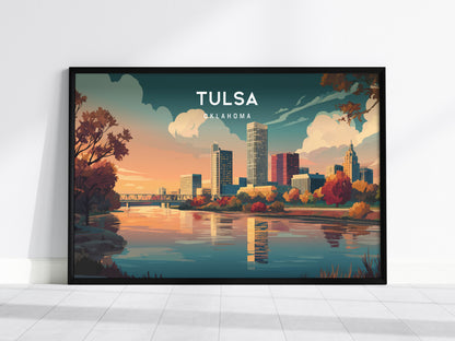 Tulsa, Oklahoma Landscape Poster | Golden Driller & Downtown Vacation Wall Art — framed wall art, 24x36 in