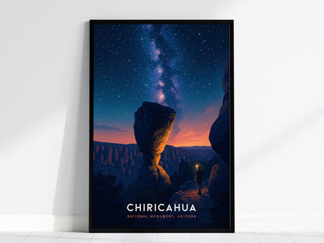 Stylized Chiricahua National Monument poster with vibrant blues, purples, and a lantern figure exploring under a starry sky.