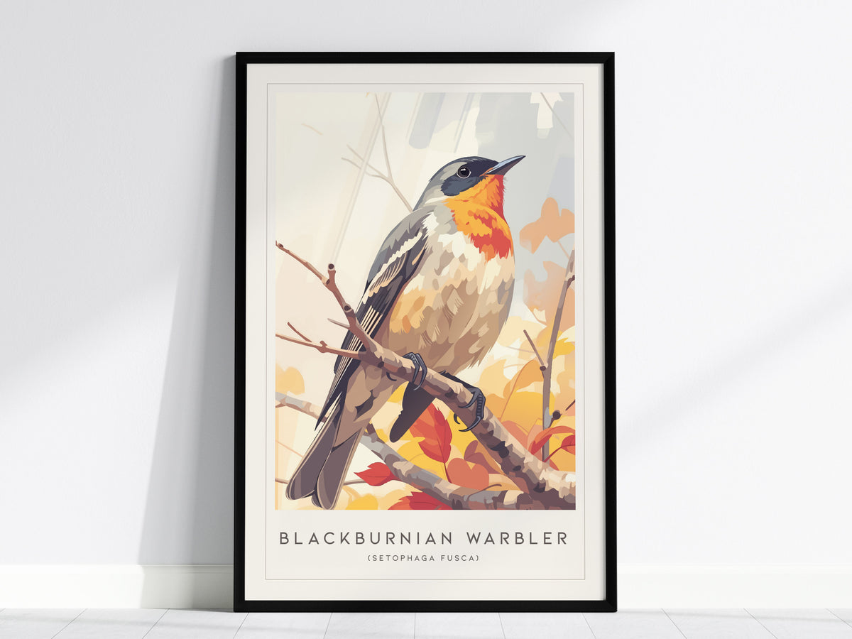 Blackburnian Warbler, Setophaga fusca Poster | Fiery Songbird Nature Print Wall Art — framed wall art, 24x36 in