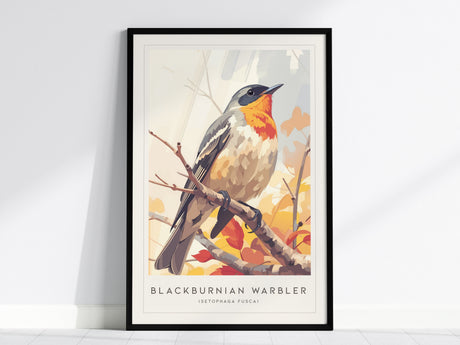 Blackburnian Warbler, Setophaga fusca Poster | Fiery Songbird Nature Print Wall Art — framed wall art, 24x36 in