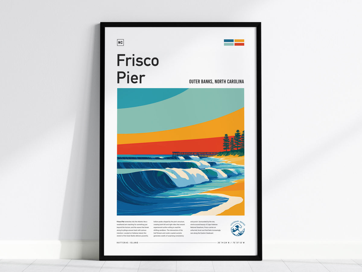 Frisco Pier, Outer Banks, North Carolina Poster | Surf Wall Art & Beach House Decor — framed wall art, 24x36 in