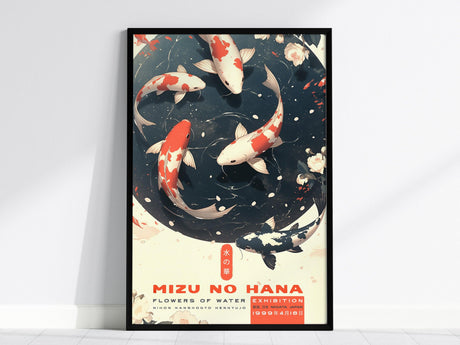 A framed poster features vibrant koi fish swimming in a circular motion against a dark background, surrounded by floral accents. Text at the bottom reads Mizu no Hana.