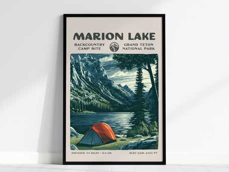 Marion Lake, Grand Teton Poster | Hiker Gift | Alpine Wilderness Backcountry Wall Art — framed wall art, 24x36 in