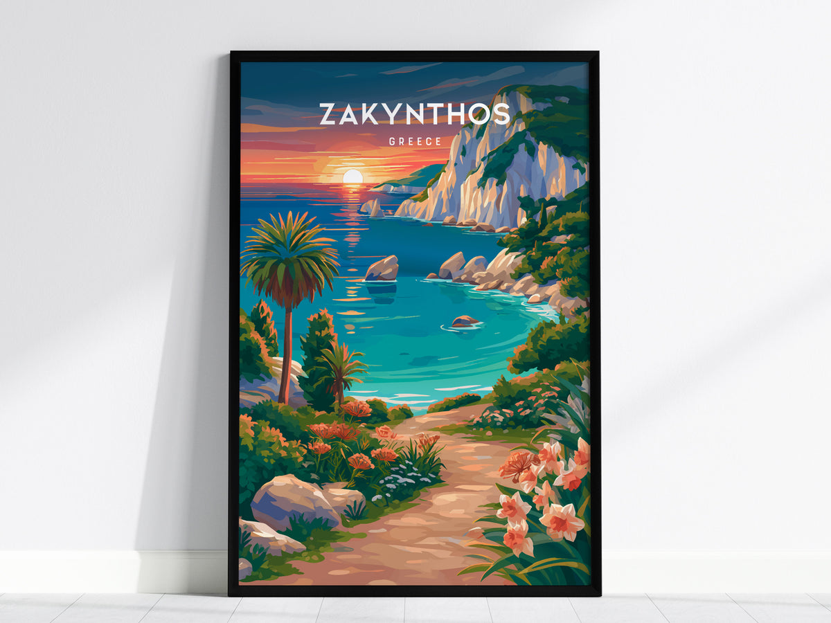 Zakynthos, Greece Poster | Turquoise Shipwreck Cove Destination Print Wall Art — framed wall art, 24x36 in