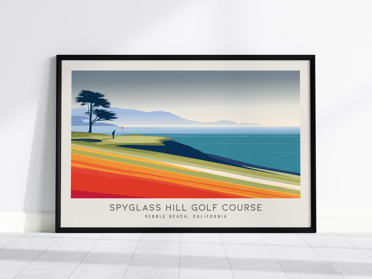 Spyglass Hill Golf Course Landscape Matte Border Poster | Pebble Beach, California Golf Course Print Wall Art — framed wall a