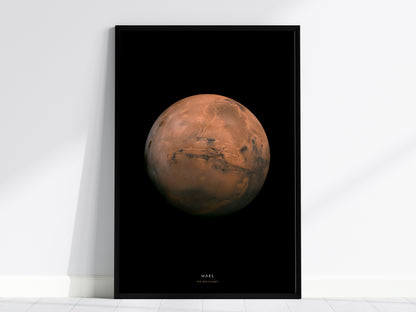 Black framed poster of Mars on a white wall