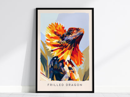 Frilled Dragon, Wildlife Poster | Ancient Reptile Portrait Wall Art — framed wall art, 24x36 in