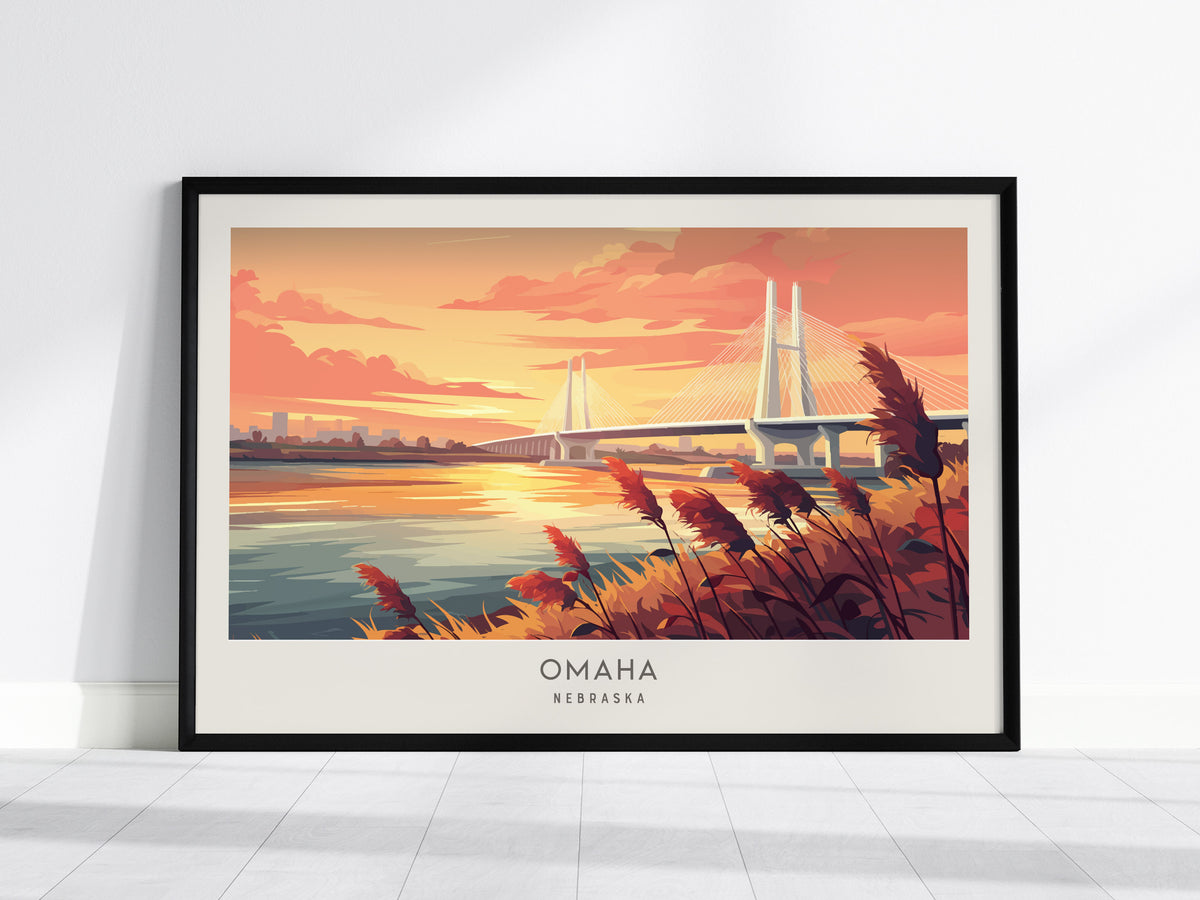 Omaha Landscape Matte Border Poster | Nebraska Framed or Unframed Vacation Wall Art — framed wall art, 24x36 in