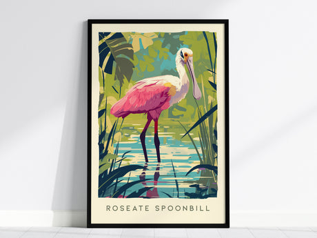 A vibrant poster featuring a Roseate Spoonbill standing gracefully in shallow water surrounded by lush green foliage. The bird showcases its striking pink plumage against a serene, tropical backdrop, emphasizing its natural beauty.