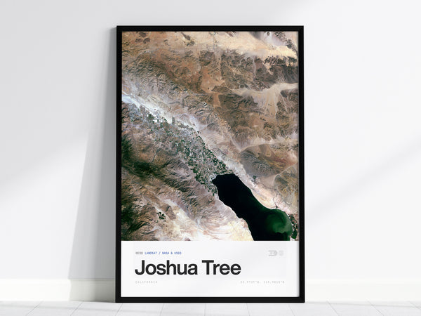 Framed Joshua Tree satellite poster showcasing a colorful desert landscape with earthy tones and topographical details, perfect travel art.