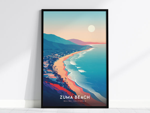 Framed Zuma Beach Malibu poster showcasing a vibrant coastal landscape with waves, mountains, and a serene peach to blue sky.