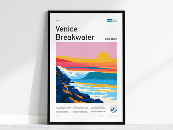 Venice Breakwater, California Poster | Surf & Stone Jetty Coastal Wall Art — framed wall art, 24x36 in