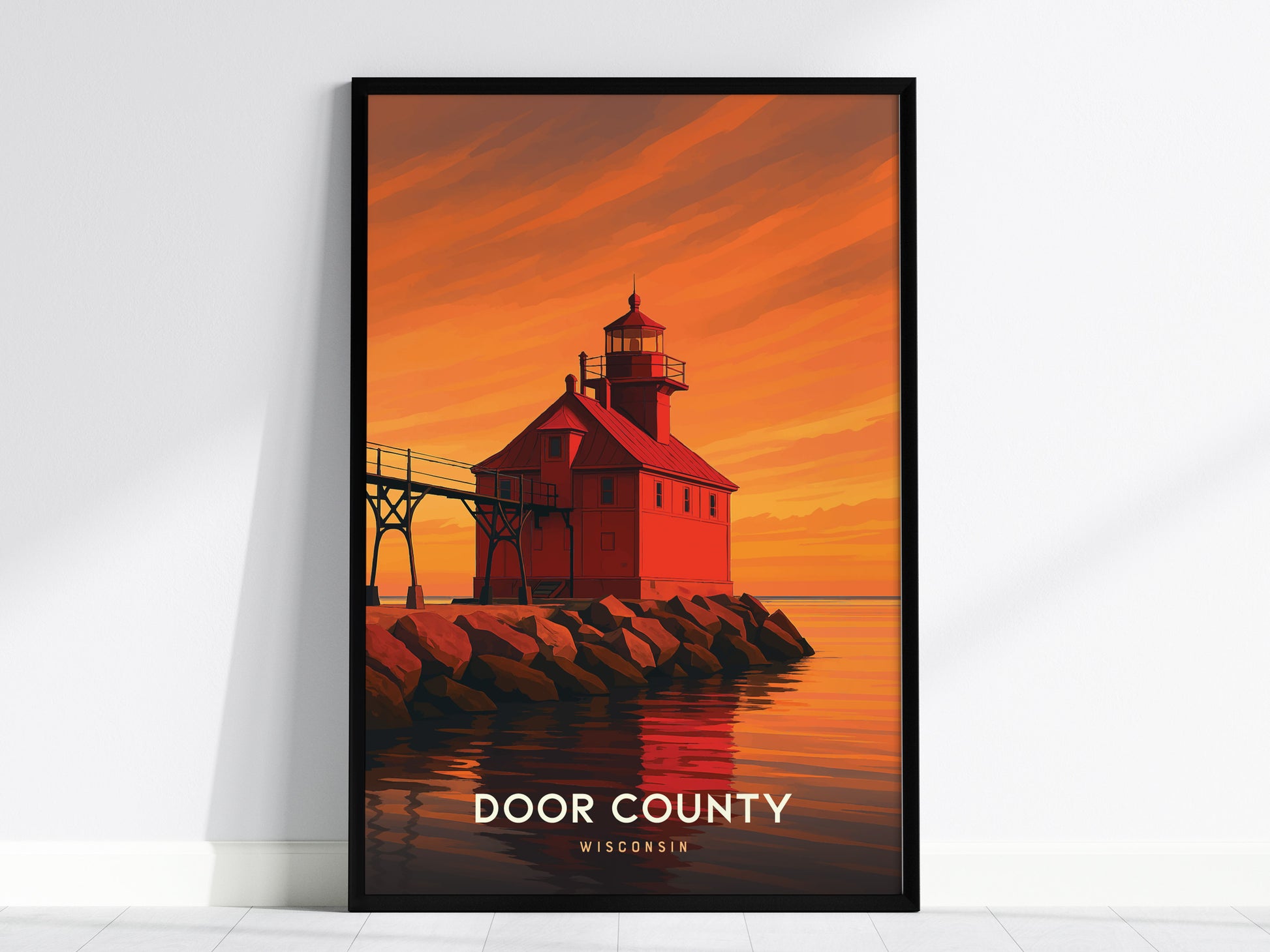 Vibrant vintage poster of a Door County lighthouse at sunset, showcasing warm oranges and reds in a serene travel art style.