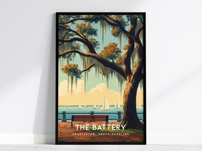 The Battery, Charleston, South Carolina Poster | Historic Waterfront Promenade Travel Wall Art — framed wall art, 24x36 in