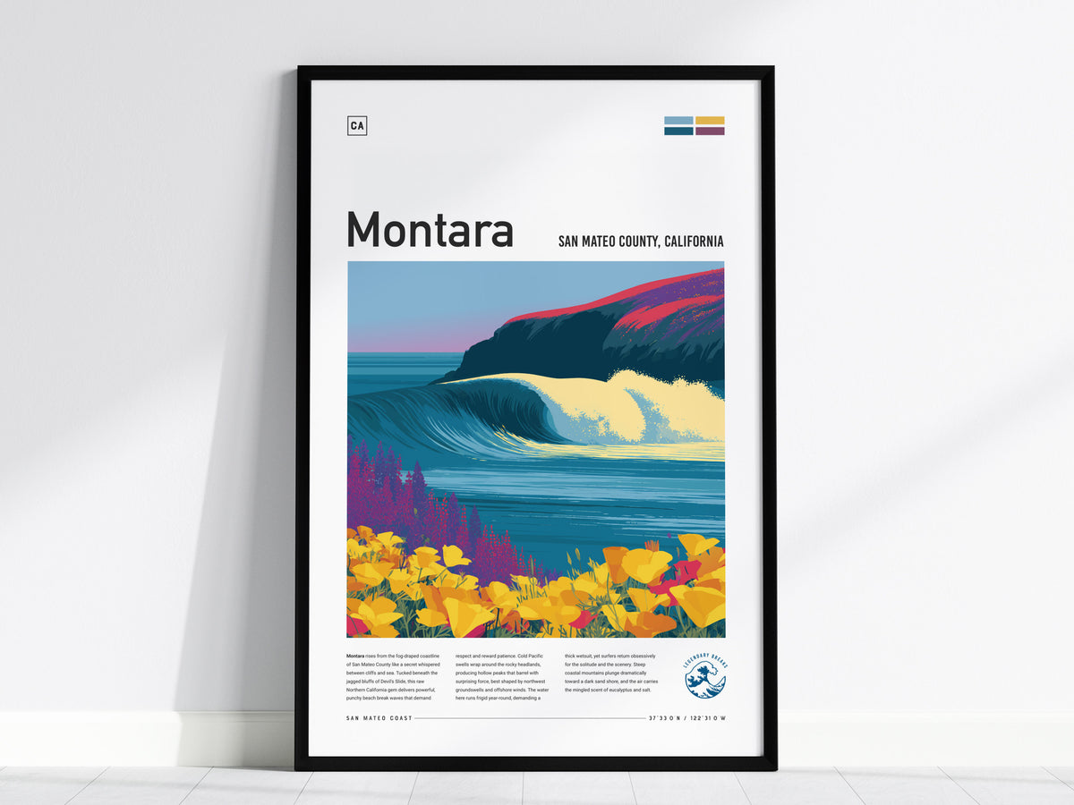 Montara, San Mateo County, California Poster | Misty Cliffs & Surf Break Coastal Poster — framed wall art, 24x36 in