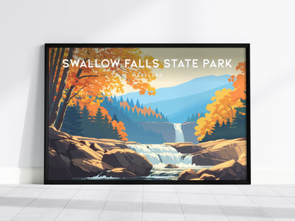 Swallow Falls State Park, Maryland Landscape Poster | Woodland Waterfall Vacation Wall Art — framed wall art, 24x36 in