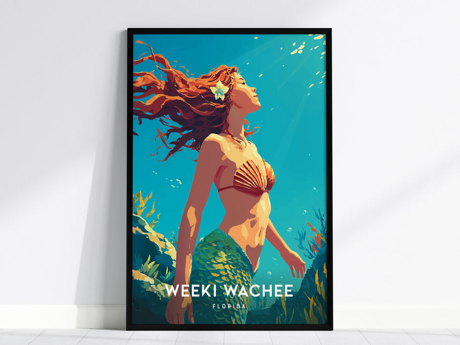 A vibrant poster featuring a mermaid with flowing red hair, adorned with a seashell top and a green tail, swimming gracefully through crystal-clear water.