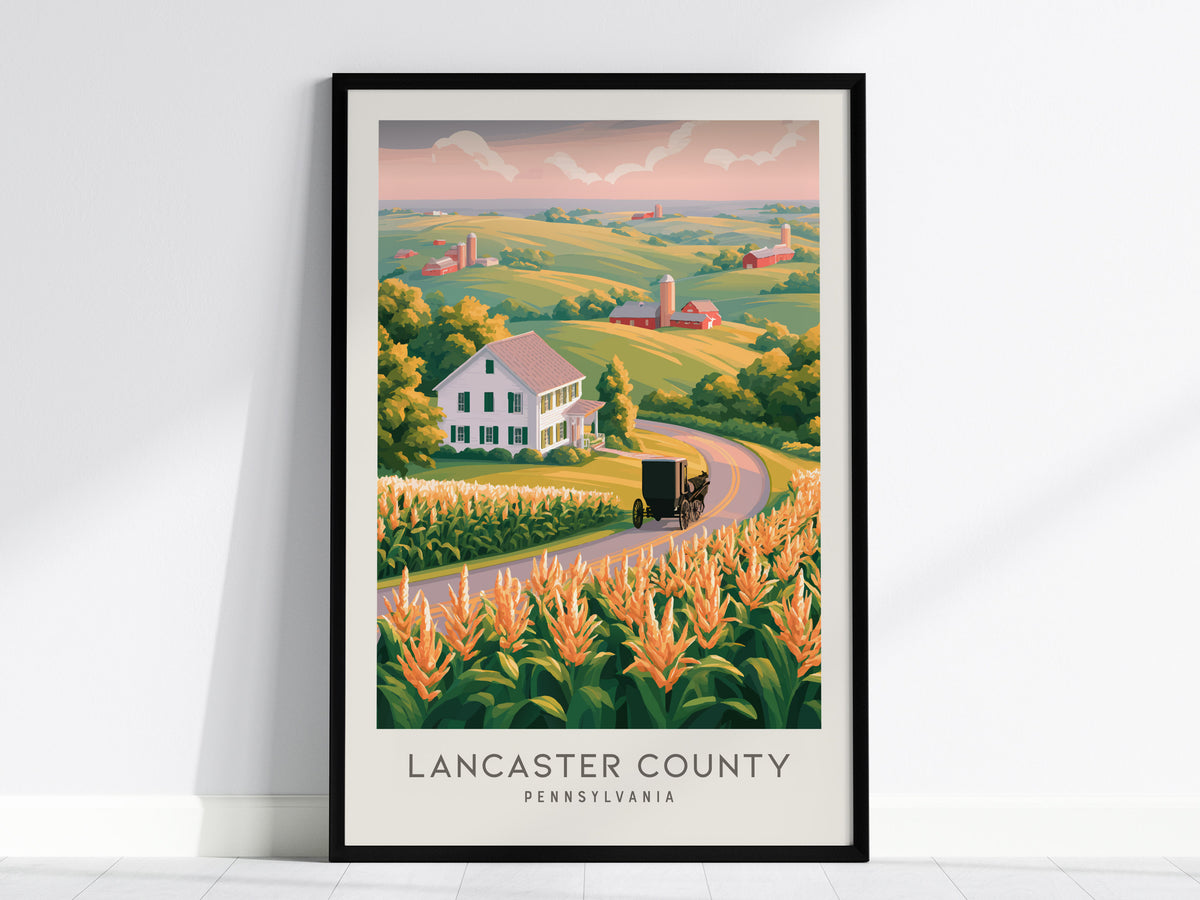 Lancaster County Matte Border Poster | Pennsylvania Destination Print Travel Wall Art — framed wall art, 24x36 in