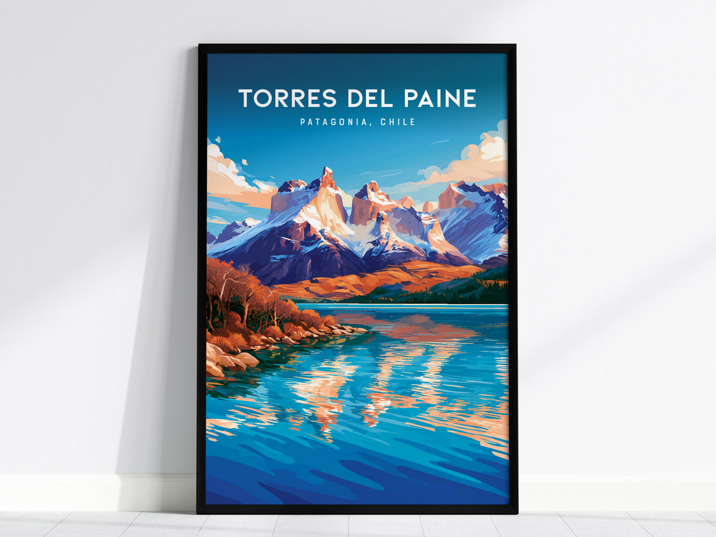 Torres del Paine, Patagonia Poster | Granite Peaks & Glacial Lake Wall Art — framed wall art, 24x36 in
