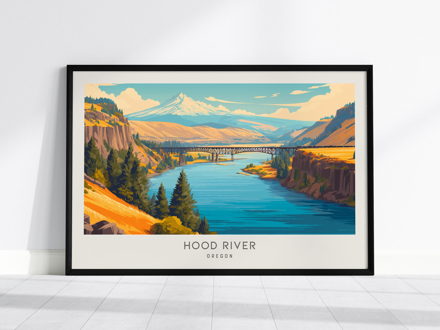 Hood River Landscape Matte Border Poster | Oregon Travel Wall Art — framed wall art, 24x36 in