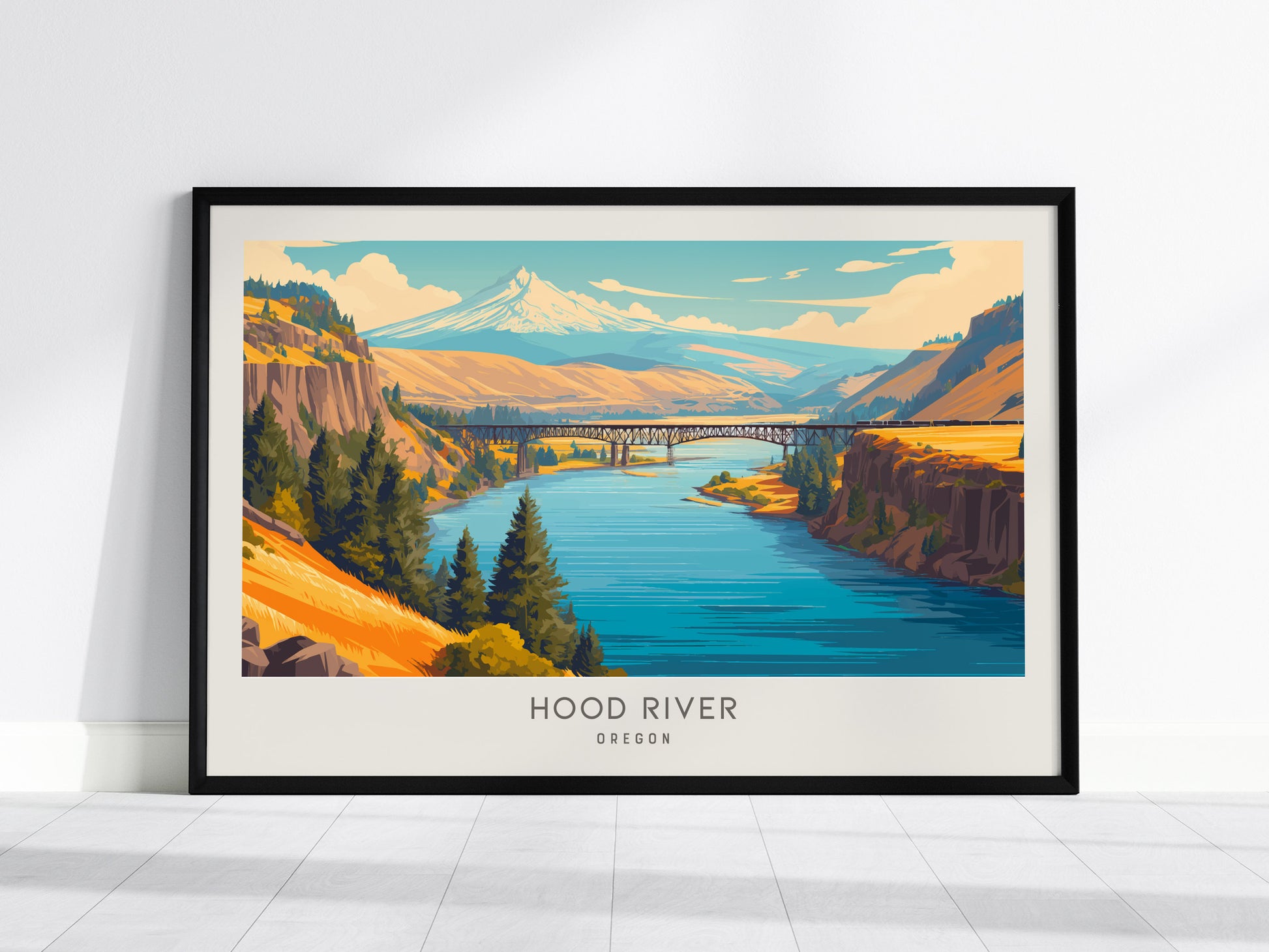 Hood River Landscape Matte Border Poster | Oregon Travel Wall Art — framed wall art, 24x36 in