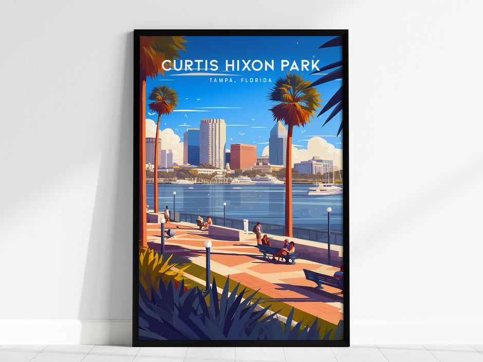 Framed poster of Curtis Hixon Park with palm trees and city skyline.