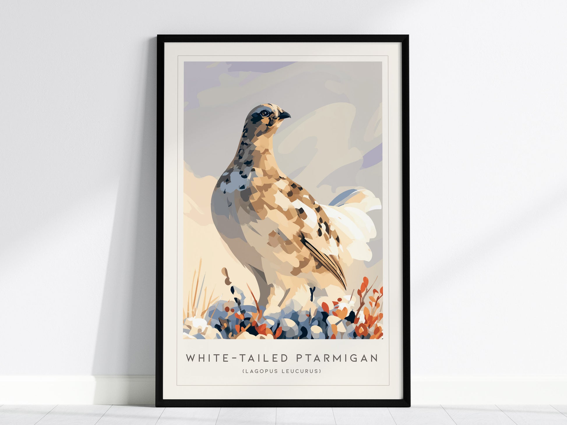 White-tailed Ptarmigan, Lagopus leucurus Poster | Alpine Bird Wall Art — framed wall art, 24x36 in